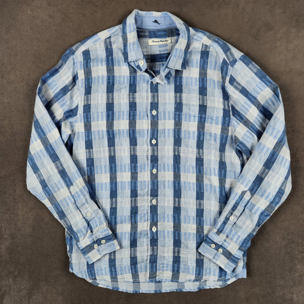 Tommy Bahama Shirt Mens Small Blue Plaid Woven Linen Blend Long Sleeve Button Up